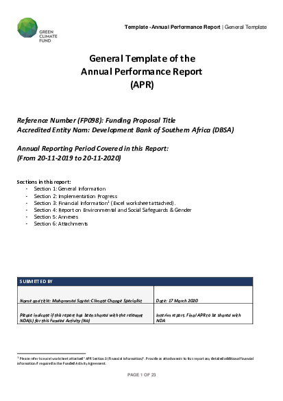 Document cover for 2019 Annual Performance Report for FP098: DBSA Climate Finance Facility