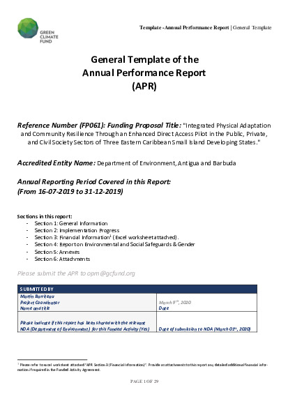 Download 2019 Annual Performance Report for FP061: Integrated physical adaptation and community resilience through an enhanced direct access pilot in the public, private, and civil society sectors of three Eastern Caribbean small island developing states Document cover for 2019 Annual Performance Report for FP061: Integrated physical adaptation and community resilience through an enhanced direct access pilot in the public, private, and civil society sectors of three Eastern Caribbean small island developing states