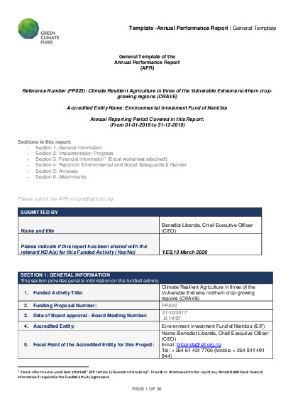 Document cover for 2019 Annual Performance Report for FP023: Climate Resilient Agriculture in three of the Vulnerable Extreme northern crop growing regions (CRAVE)