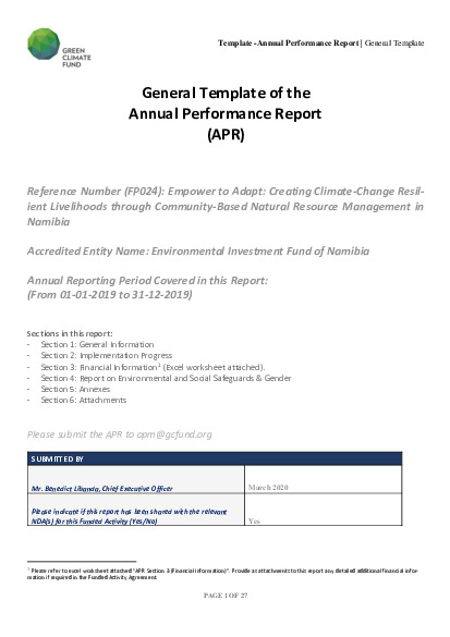 Document cover for 2019 Annual Performance Report for FP024: Enpower to Adapt: Creating Climate-Change Resilient Livelihoods through Community-Based Natural Resource Management (CBNRM) in Namibia