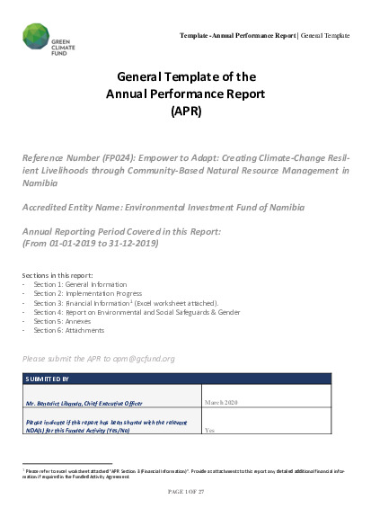 Download 2019 Annual Performance Report for FP024: Enpower to Adapt: Creating Climate-Change Resilient Livelihoods through Community-Based Natural Resource Management (CBNRM) in Namibia Document cover for 2019 Annual Performance Report for FP024: Enpower to Adapt: Creating Climate-Change Resilient Livelihoods through Community-Based Natural Resource Management (CBNRM) in Namibia