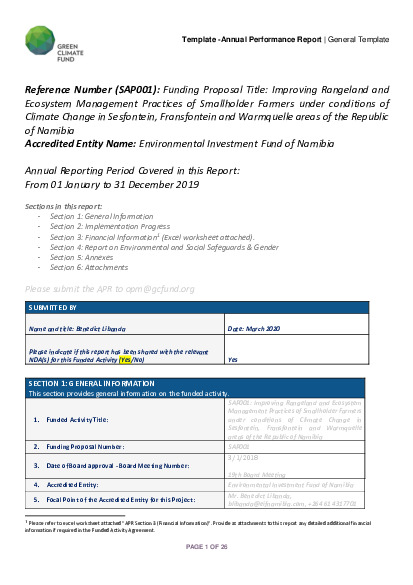 Document cover for 2019 Annual Performance Report for SAP001: Funding Proposal Title: Improving Rangeland and Ecosystem Management Practices of Smallholder Farmers under conditions of Climate Change in Sesfontein, Fransfontein and Warmquelle areas of the Republic of Namibia