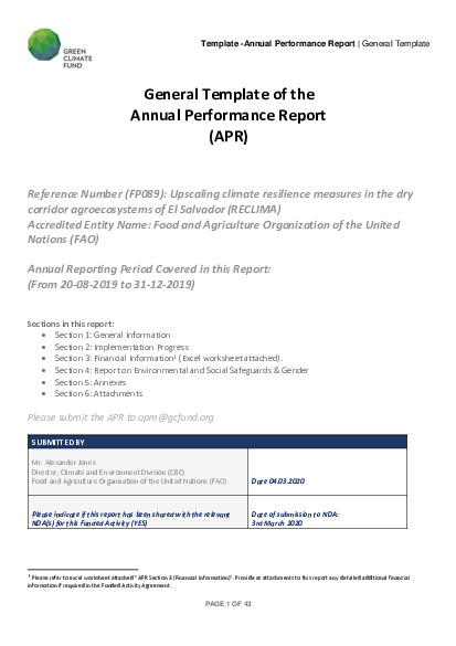 Document cover for 2019 Annual Performance Report for FP089: Upscaling climate resilience measures in the dry corridor agroecosystems of El Salvador (RECLIMA)