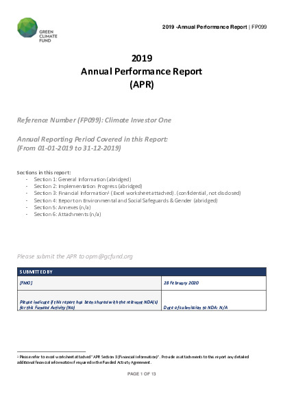 Document cover for 2019 Annual Performance Report for FP099: Climate Investor One