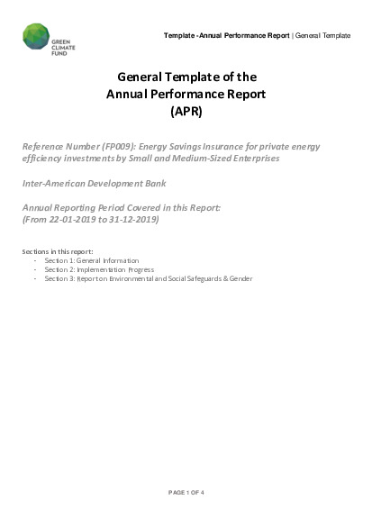 Document cover for 2019 Annual Performance Report for FP009: Energy Savings Insurance for private energy efficiency investments by Small and Medium-Sized Enterprises