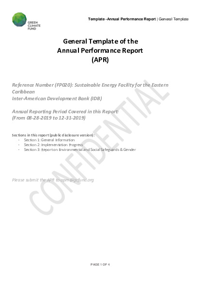 Document cover for 2019 Annual Performance Report for FP020: Sustainable Energy Facility for the Eastern Caribbean