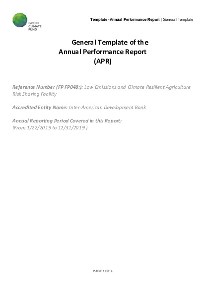 Document cover for 2019 Annual Performance Report for FP048: Low Emissions and Climate Resilient Agriculture Risk Sharing Facility