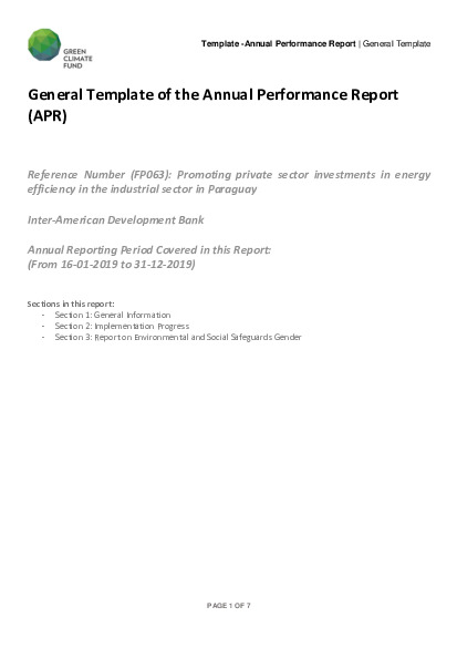 Document cover for 2019 Annual Performance Report for FP063: Promoting private sector investments in energy efficiency in the industrial sector and in Paraguay