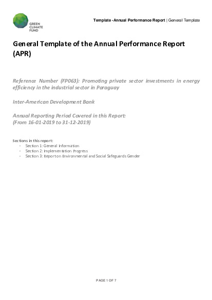 Download 2019 Annual Performance Report for FP063: Promoting private sector investments in energy efficiency in the industrial sector and in Paraguay Document cover for 2019 Annual Performance Report for FP063: Promoting private sector investments in energy efficiency in the industrial sector and in Paraguay