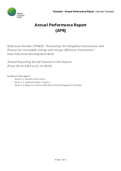 Document cover for 2019 Annual Performance Report for FP064: Promoting risk mitigation instruments and finance for renewable energy and energy efficiency investments