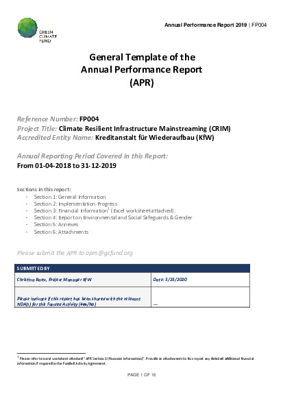 Document cover for 2019 Annual Performance Report for FP004: Climate Resilient Infrastructure Mainstreaming (CRIM)