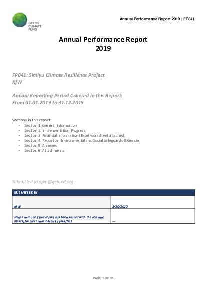 Document cover for 2019 Annual Performance Report for FP041: Simiyu Climate Resilience Project