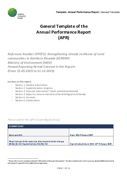 Document cover for 2019 Annual Performance Report for FP073: Strengthening Climate Resilience of Rural Communities in Northern Rwanda