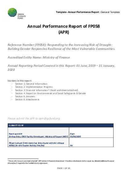 Document cover for 2019 Annual Performance Report for FP058: Responding to the increasing risk of drought: building gender-responsive resilience of the most vulnerable communities