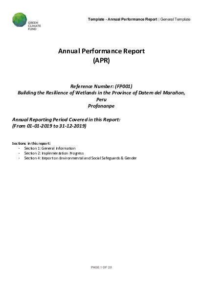 Document cover for 2019 Annual Performance Report for FP001: Building the Resilience of Wetlands in the Province of Datem del Marañón, Peru