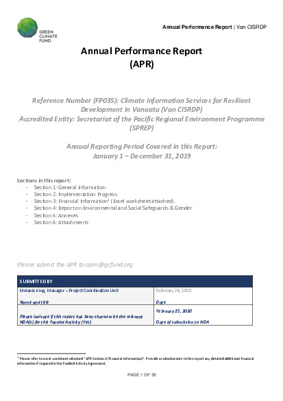 Document cover for 2019 Annual Performance Report for FP035: Climate Information Services for Resilient Development Planning in Vanuatu (Van-CIS-RDP)