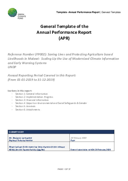 Document cover for 2019 Annual Performance Report for FP002: Scaling up the use of Modernized Climate information and Early Warning Systems in Malawi