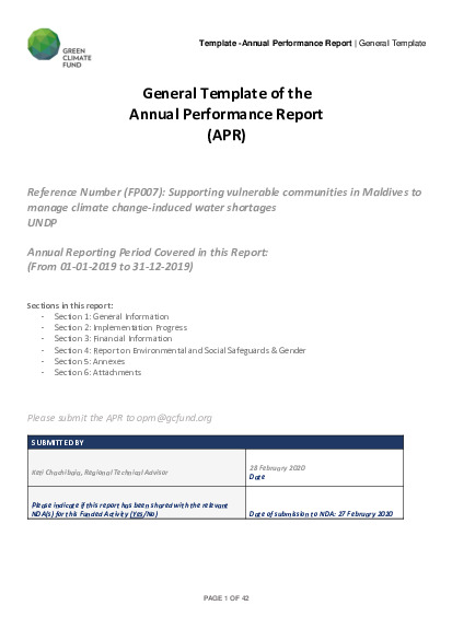 Document cover for 2019 Annual Performance Report for FP007: Supporting vulnerable communities in Maldives to manage climate change-induced water shortages
