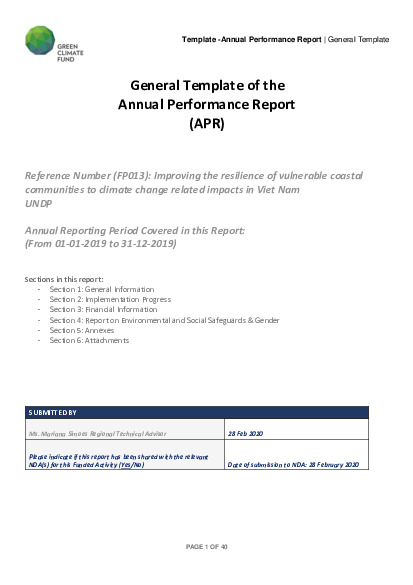 Document cover for 2019 Annual Performance Report for FP013: Improving the resilience of vulnerable coastal communities to climate change related impacts in Viet Nam