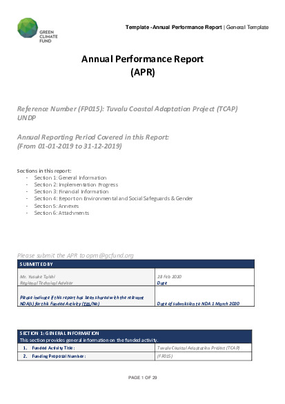 Document cover for 2019 Annual Performance Report for FP015: Tuvalu Coastal Adaptation Project (TCAP)