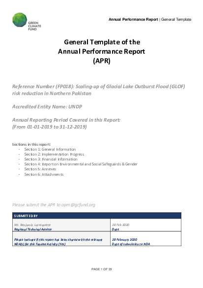 Document cover for 2019 Annual Performance Report for FP018: Scaling-up of Glacial Lake Outburst Flood (GLOF) risk reduction in Northern Pakistan