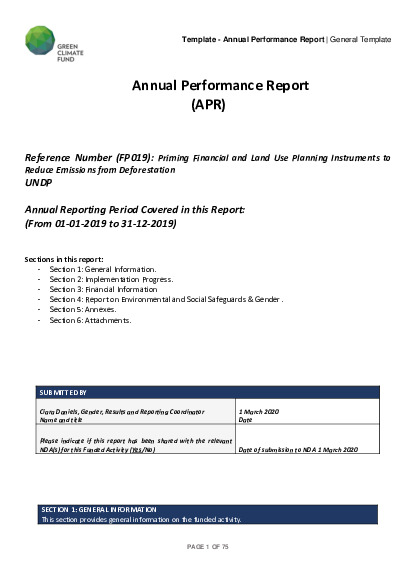 Document cover for 2019 Annual Performance Report for FP019: Priming Financial and Land Use Planning Instruments to Reduce Emissions from Deforestations
