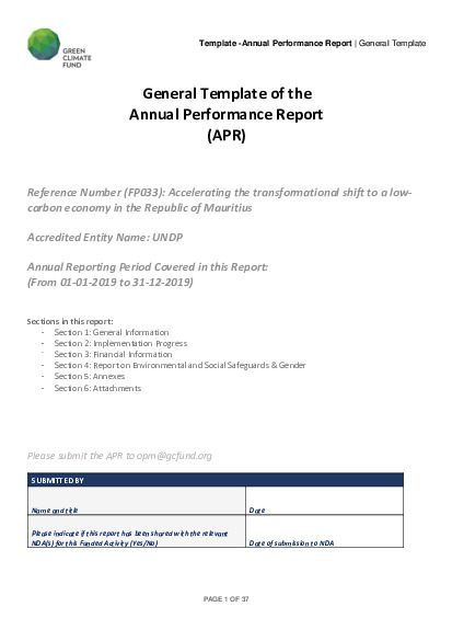 Document cover for 2019 Annual Performance Report for FP033: Accelerating the transformational shift to a low-carbon economy in the Republic of Mauritius