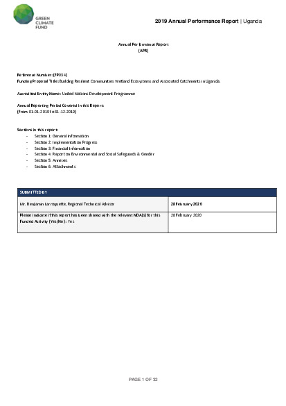 Document cover for 2019 Annual Performance Report for FP034: Building Resilient Communities, Wetland Ecosystems and Associated Catchments in Uganda