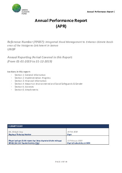 Document cover for 2019 Annual Performance Report for FP037: Integrated Flood Management to Enhance Climate Resilience of the Vaisigano River Catchment in Samoa