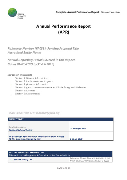 Document cover for 2019 Annual Performance Report for FP053: Enhancing climate change adaptation in the North coast and Nile Delta Regions in Egypt