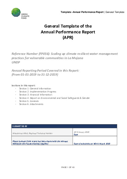 Document cover for 2019 Annual Performance Report for FP056: Scaling up climate resilient water management practices for vulnerable communities in La Mojana