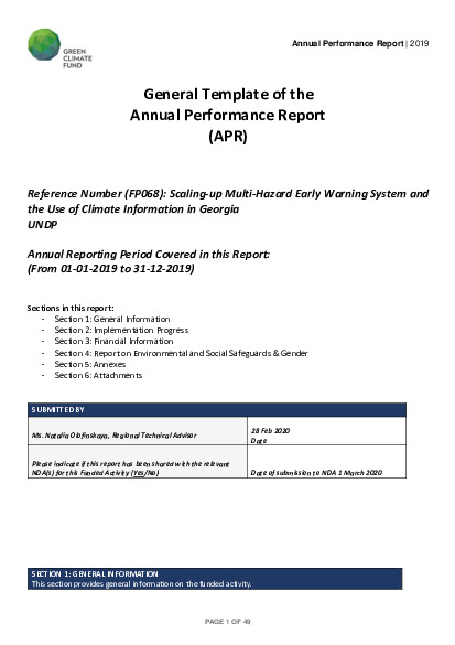 Document cover for 2019 Annual Performance Report for FP068: Scaling-up Multi-Hazard Early Warning System and the Use of Climate Information in Georgia