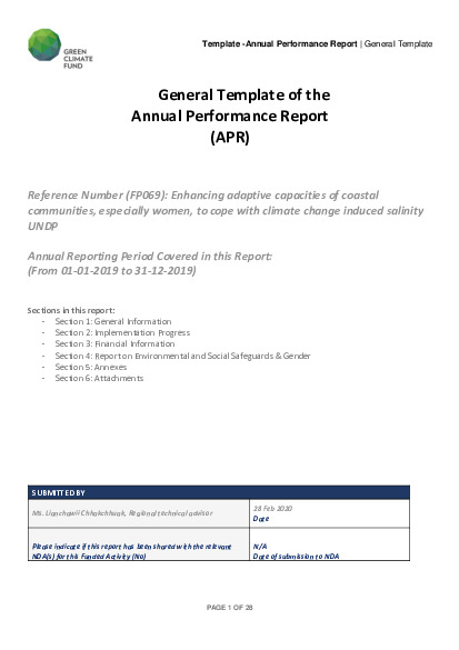 Document cover for 2019 Annual Performance Report for FP069: Enhancing adaptive capacities of coastal communities, especially women, to cope with climate change induced salinity