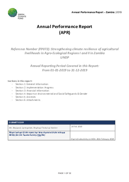 Document cover for 2019 Annual Performance Report for FP072: Strengthening climate resilience of agricultural livelihoods in Agro-Ecological Regions I and II in Zambia