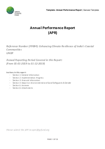 Document cover for 2019 Annual Performance Report for FP084: Enhancing climate resilience of India’s coastal communities