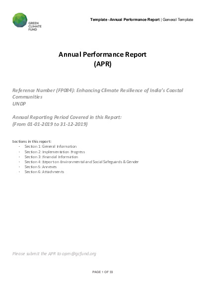 Download 2019 Annual Performance Report for FP084: Enhancing climate resilience of India’s coastal communities Document cover for 2019 Annual Performance Report for FP084: Enhancing climate resilience of India’s coastal communities