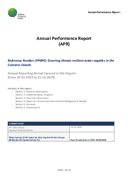 Document cover for 2019 Annual Performance Report for FP094: Ensuring climate resilient water supplies in the Comoros Islands