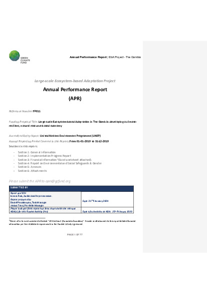 Document cover for 2019 Annual Performance Report for FP011: Large-scale Ecosystem-based Adaptation in The Gambia: developing a climate-resilient, natural resource-based economy