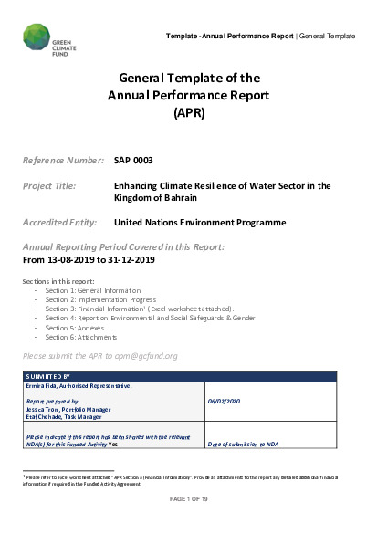 Document cover for 2019 Annual Performance Report for SAP003: Enhancing climate resilience of the water sector in Bahrain