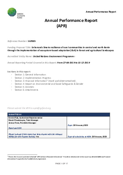 Document cover for 2019 Annual Performance Report for SAP005: Enhanced climate resilience of rural communities in central and north Benin through the implementation of ecosystem-based adaptation (EbA) in forest and agricultural landscapes