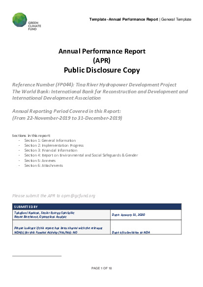 Document cover for 2019 Annual Performance Report for FP044: Tina River Hydropower Development Project