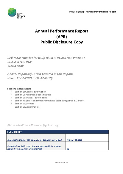 Document cover for 2019 Annual Performance Report for FP066: Pacific Resilience Project Phase II for RMI
