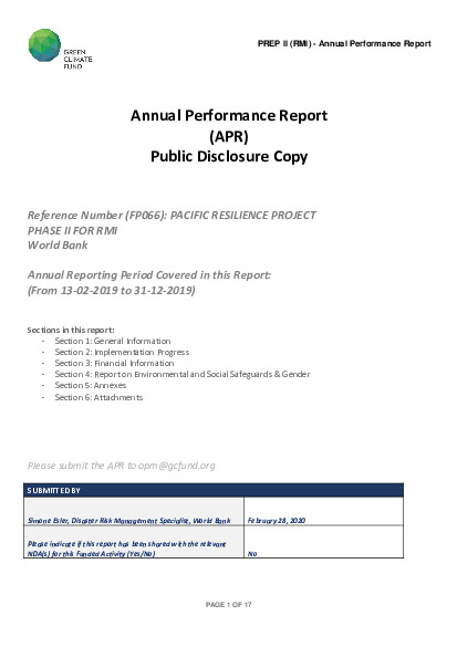 Download 2019 Annual Performance Report for FP066: Pacific Resilience Project Phase II for RMI Document cover for 2019 Annual Performance Report for FP066: Pacific Resilience Project Phase II for RMI