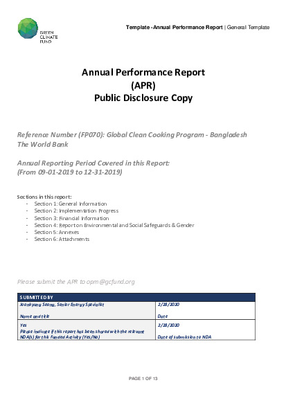 Document cover for 2019 Annual Performance Report for FP070: Global Clean Cooking Program – Bangladesh