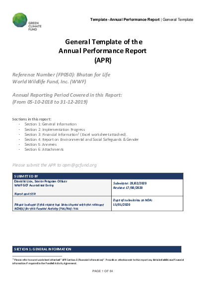 Document cover for 2019 Annual Performance Report for FP050: Bhutan for life