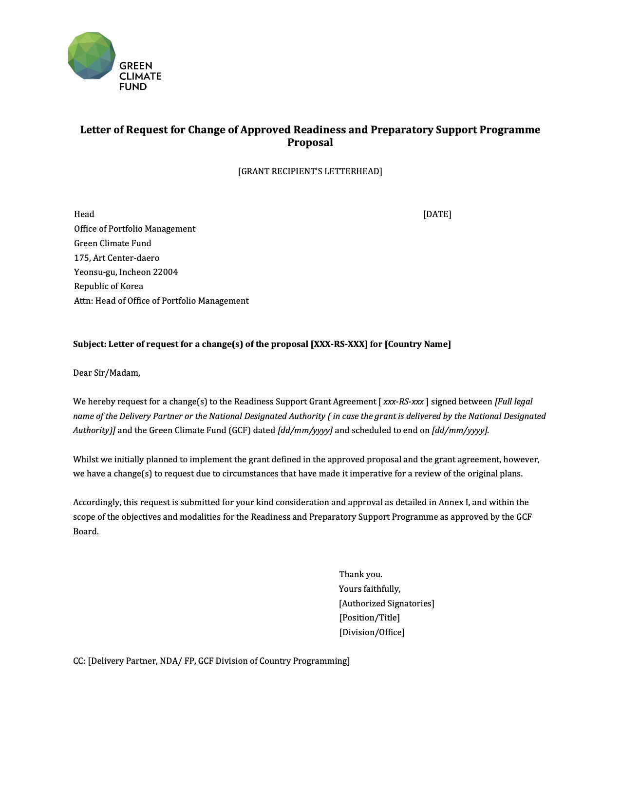 Document cover for Letter of Request for Change of Approved Readiness and Preparatory Support Programme Proposal