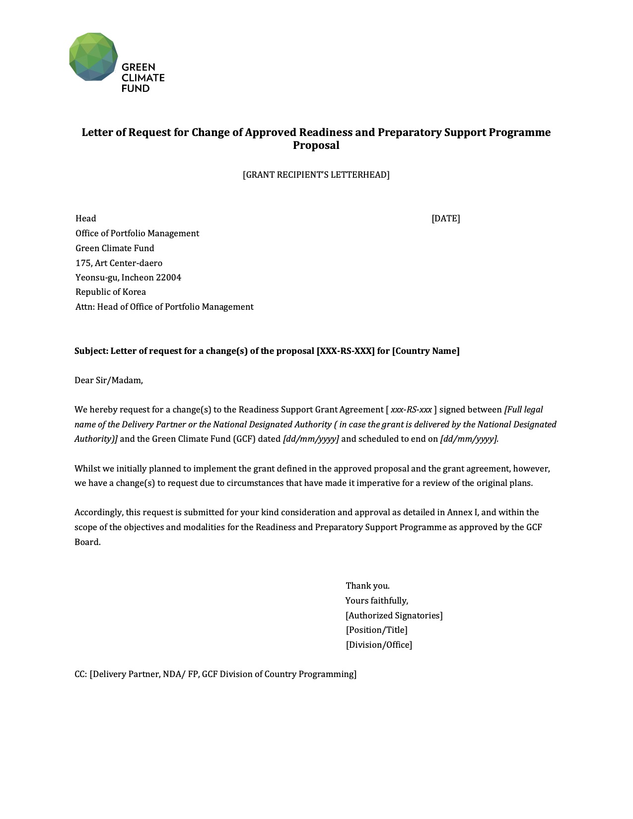 Letter of Request for Change of Approved Readiness and Preparatory