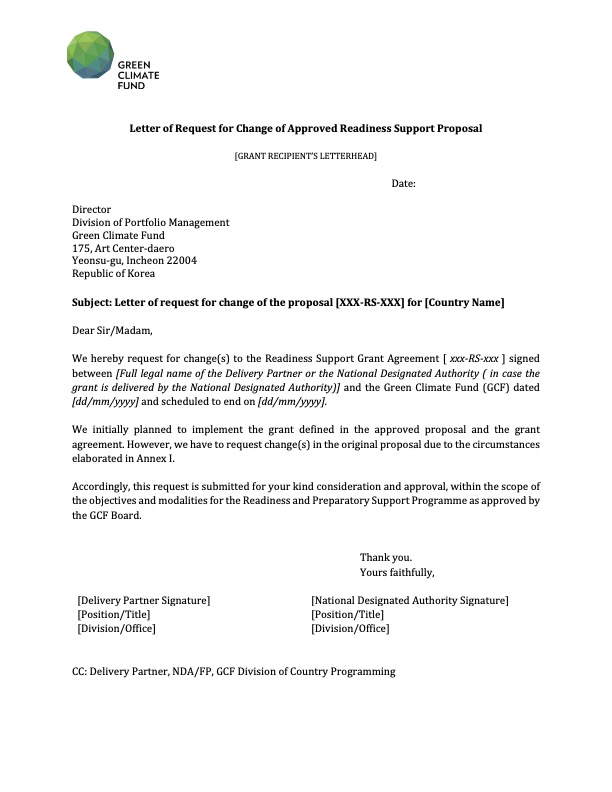 Document cover for Letter of Request for Change of Approved Readiness and Preparatory Support Programme Proposal