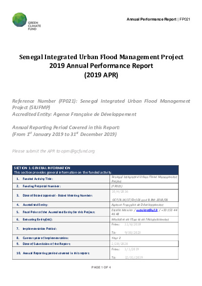 Document cover for 2019 Annual Performance Report for FP021: Senegal Integrated Urban Flood Management Project (SIUFMP)