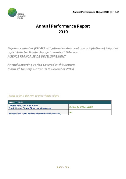 Document cover for 2019 Annual Performance Report for FP042: Irrigation development and adaptation of irrigated agriculture to climate change in semi-arid Morocco